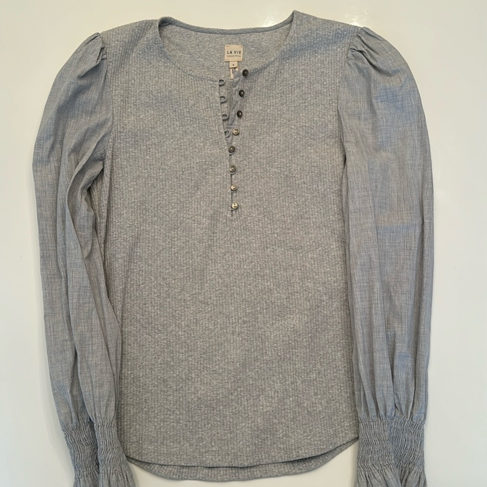 Rebecca Taylor La Vie Henley ribbed grey long sleeve shirt.
